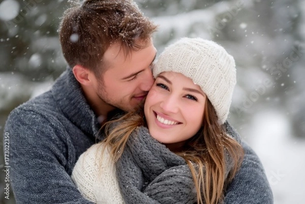 Fototapeta Happy couple embracing in a romantic winter snow scene