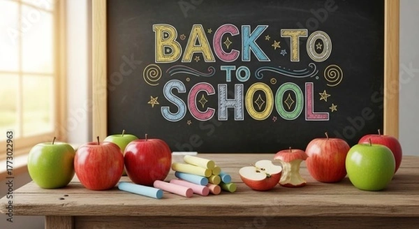 Obraz Back to school chalkboard with apples and chalk on a wooden table