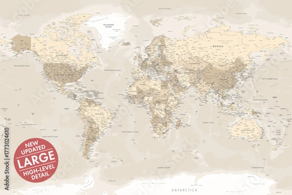 Fototapeta Vector world map large detailed layered updated edition in beige vintage style