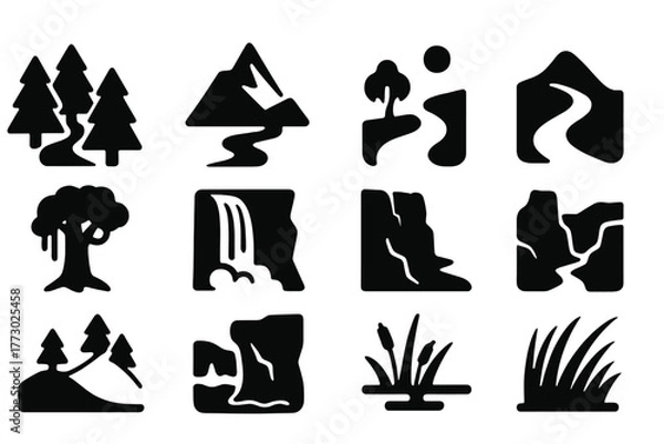 Fototapeta Wilderness Adventure Icons. Solid style icons of wilderness adventure: forest path, mountain peak, river crossing, desert dune,