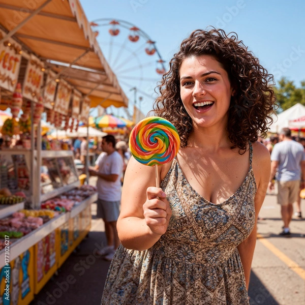 Fototapeta Plus-size woman in off-shoulder sundress holding a large colorful lollipop at a summer fair on a sunny day, Ferris wheel in the background