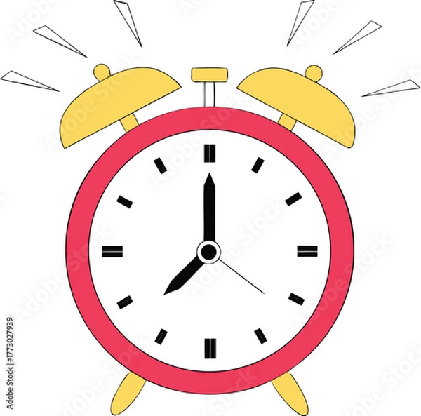 Obraz Cute Cartoon Alarm Clock Ringing Loudly  Red and Yellow Colorful Illustration on Transparent Background
