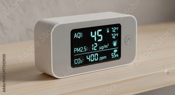 Fototapeta Air quality monitor displaying environmental data on wooden surface