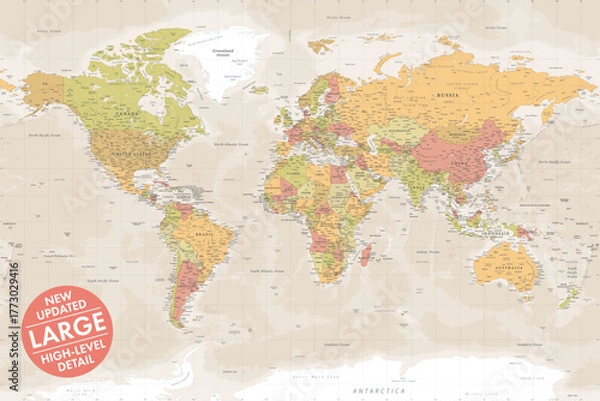 Fototapeta Vector world map large detailed layered updated edition in warm color vintage beige style