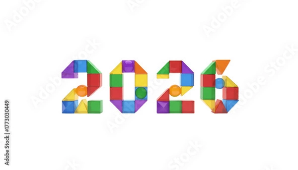 Obraz Colorful Geometric Blocks Forming 2026 Year Numbers, Playful Modern New Year Typography Design on Clean Background, Creative Celebration Concept