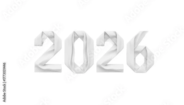 Obraz White Folded Paper 2026 Numbers, Minimal Origami Style Year Typography, Clean Modern New Year Graphic Design Isolated on Light Background