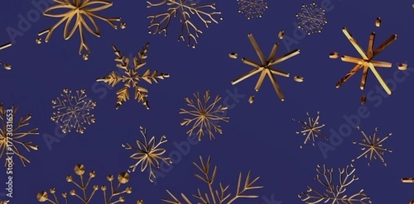 Fototapeta Elegant gold snowflakes floating against a deep blue backdrop, perfect for winter and holiday designs. Ideal for seasonal greetings and festive