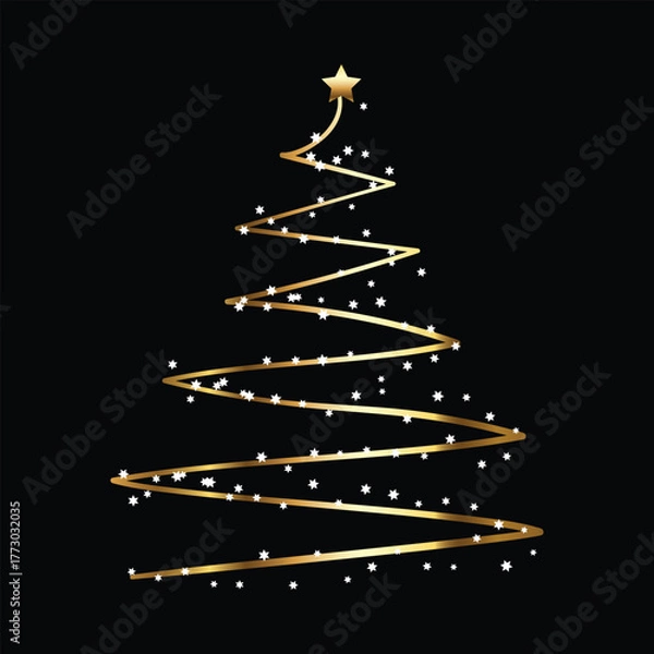 Fototapeta Abstract spiral christmas tree shape formed by twinkling golden lights and a star on black background
