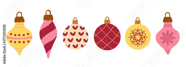 Fototapeta Christmas ornament set with six decorative baubles in pink, red, and yellow colors with snowflakes, stripes, dots, and heart patterns. Festive holiday elements for winter design projects.