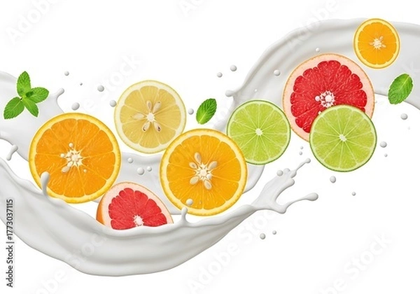 Fototapeta A refreshing splash of assorted citrus fruit slices including oranges, lemons, limes, and grapefruit in a creamy white liquid, isolated on white background
