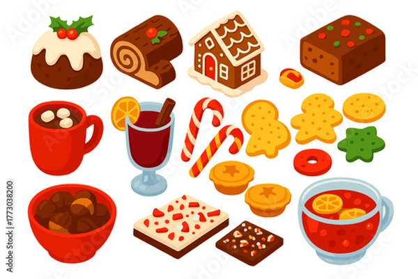Obraz Festive Food Icons. Isometric vector illustration set Festive Food and Drink: Christmas pudding, Yule log cake, gingerbread house,