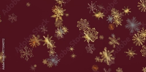 Fototapeta Abstract snowflakes in gold colors over a deep red backdrop. Perfect for seasonal designs, Christmas projects, and festive backgrounds. Great fo