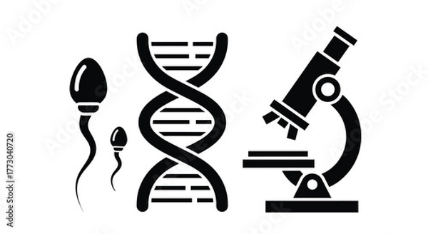 Obraz Microscope, DNA, and sperm cells represent the study of genetics and reproduction.