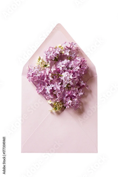 Fototapeta One open envelope in pastel lilac colors. Letter top view. Lilac flowers. Template mockup. PNG, isolated on transparent background.