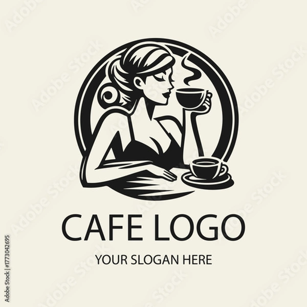 Fototapeta Black and white flat vector logo of a beautiful girl drinking coffee at a table, minimalist elegant outline design perfect for cafes, restaurants, branding, coffee shops and packaging.
