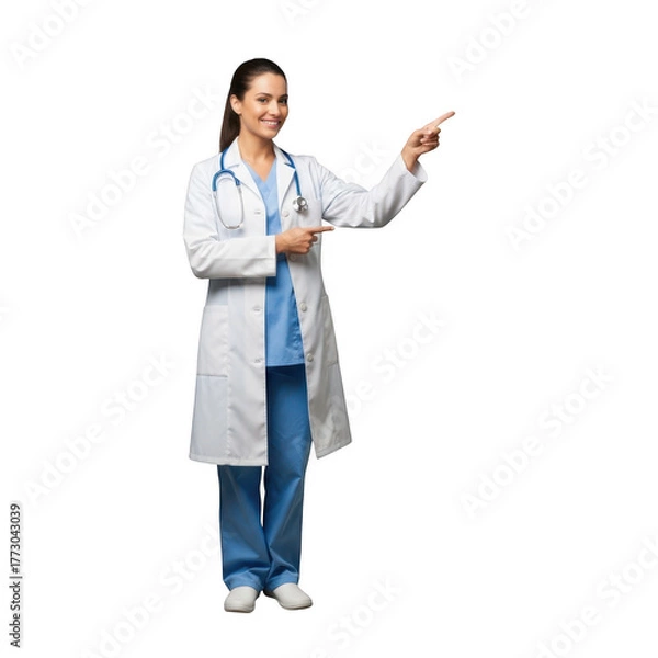 Fototapeta Smiling female doctor in white lab coat pointing isolated on transparent background