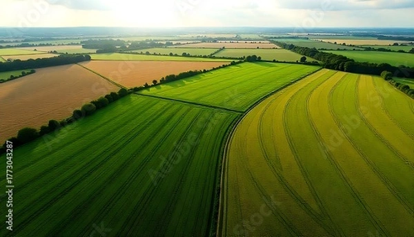 Fototapeta Texture rich aerial view: mixed mosaic of orchards, cropland, pastures and Green Grass Land