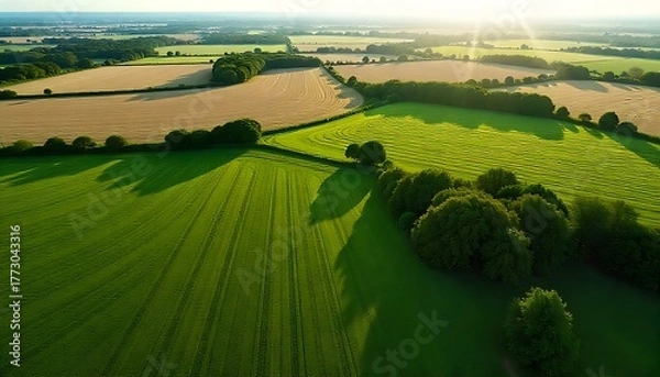 Fototapeta Texture rich aerial view: mixed mosaic of orchards, cropland, pastures and Green Grass Land