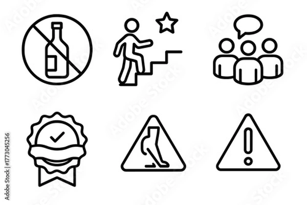 Fototapeta Mental Health Icons. Line style icons of mental health: substance abuse and recovery, crossed bottle icon, recovery steps icon,