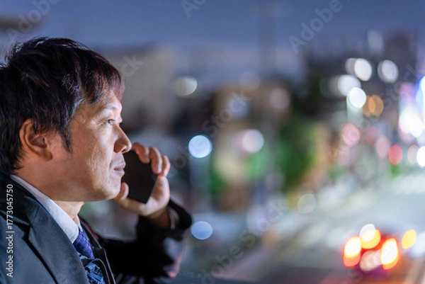 Obraz 街の夜景を背に緊急対応するサラリーマン、残業帰りに取引先へ連絡する男性社員