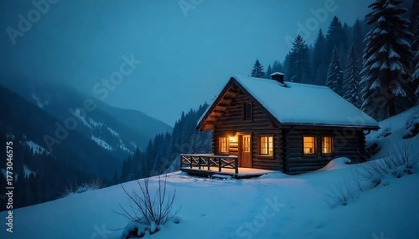 Fototapeta Snowflakes falling over mountain cabin in twilight, warm lights glowing inside, cinematic winter chill atmosphere.