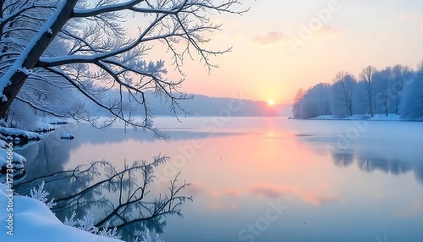 Fototapeta Frozen lake reflection with frosty branches and pastel sunrise sky 