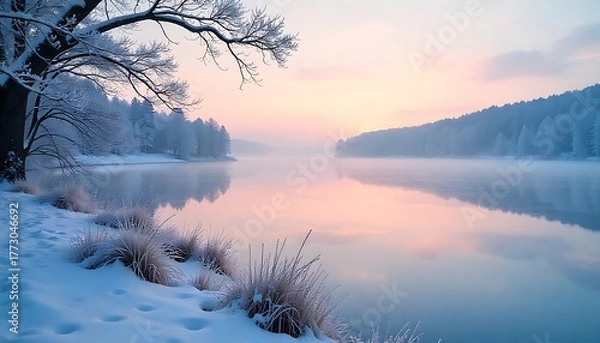 Fototapeta Frozen lake reflection with frosty branches and pastel sunrise sky 