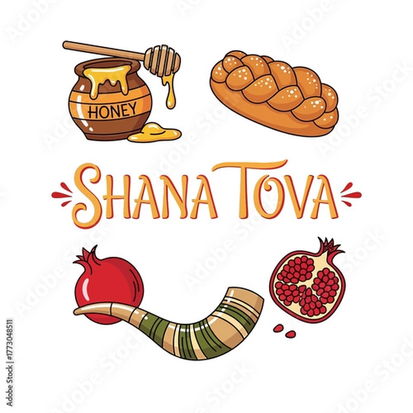 Obraz Shana tova rosh hashanah symbols honey challah pomegranate shofar festive greeting elements vector vector illustration on white background