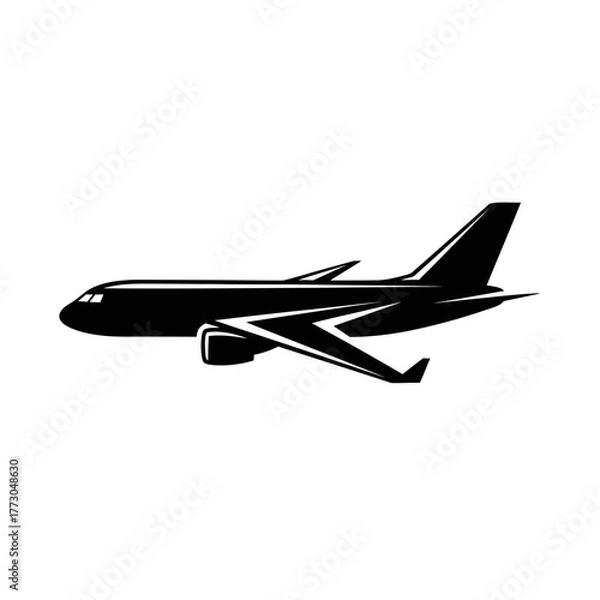 Fototapeta Modern passenger jet airplane silhouette with stylized wings and fuselage for travel and aviation concepts vector vector illustration on white background