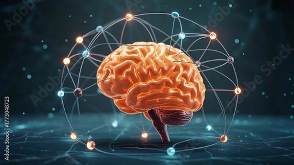 Fototapeta Brain and network connection on glitter bright lights colorful background