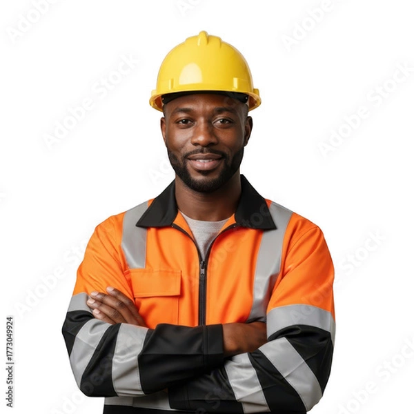 Fototapeta Construction worker in safety vest and hard hat isolated on transparent background