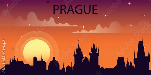 Fototapeta Stylized vector illustration of Prague's skyline against a bright sunset.