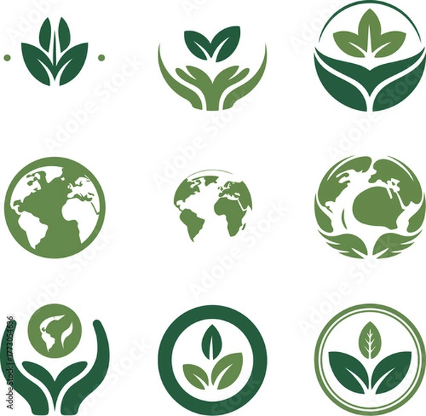 Fototapeta A collection of green logos symbolizing nature, growth, and environmental care.