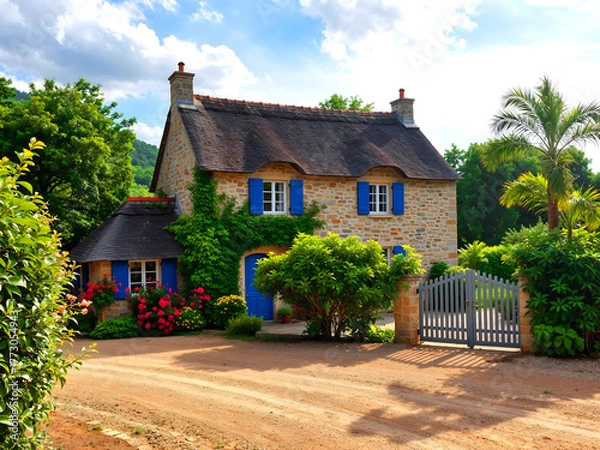 Fototapeta A typical village home on Brittany, an island in the Morbihan Gulf called Ile aux Moines.