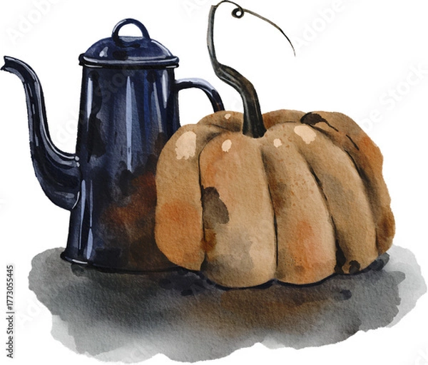 Fototapeta Hand-drawn illustration of teapot and pumpkin