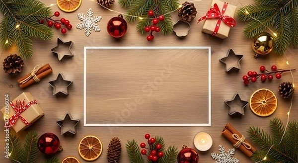 Fototapeta A festive Christmas flat lay arrangement with decorative elements and a blank wooden frame.