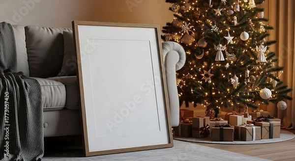 Fototapeta A blank framed picture rests against a sofa next to a decorated Christmas tree.