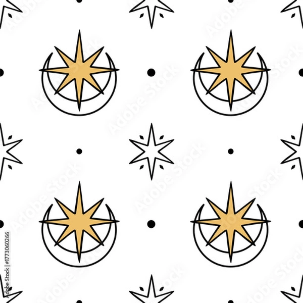 Obraz Astrological seamless pattern with crescent moon and stars on a white background. Celestial vector design for wrapping paper, scrapbook, fabric, or textile.