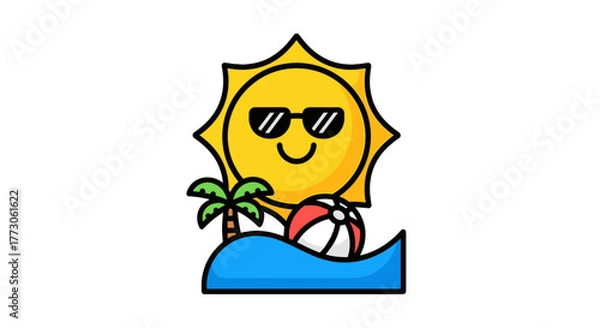 Fototapeta Illustration of a smiling sun wearing sunglasses, palm tree, beach ball, and wave on a transparente background.