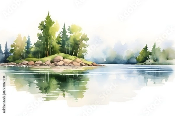 Obraz Watercolor painting of a serene island with pine trees reflected in calm water
