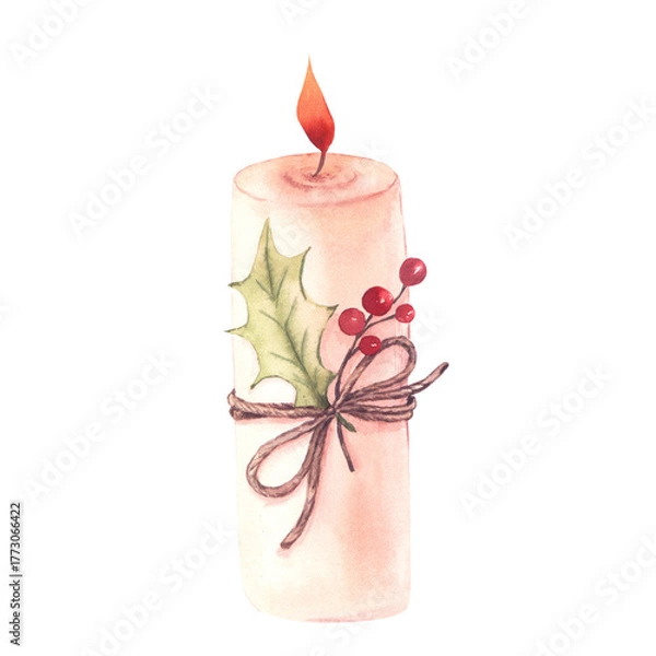Obraz Christmas candle with red berries and holly leaf. Hand-painted watercolor illustration. Isolated element on a white background. For seasonal design, invitational and greeting cards, posters, prints.