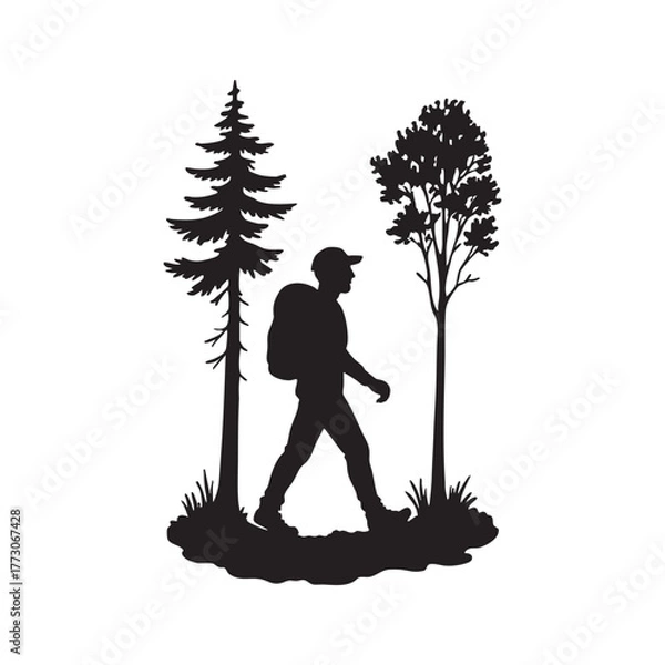 Fototapeta Traveler Silhouette Walking in Forest Path