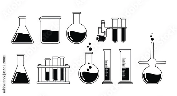 Fototapeta A collection of laboratory glassware with various liquids, representing science and chemistry experiments.