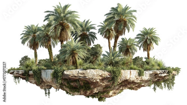 Fototapeta A small island with a tropical palm tree, isolated on white background as a transparent PNG, evoking a serene paradise scene