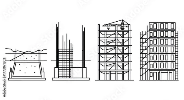 Fototapeta Architectural blueprints illustrate the step-by-step construction process of a modern building, from foundation to completion.
