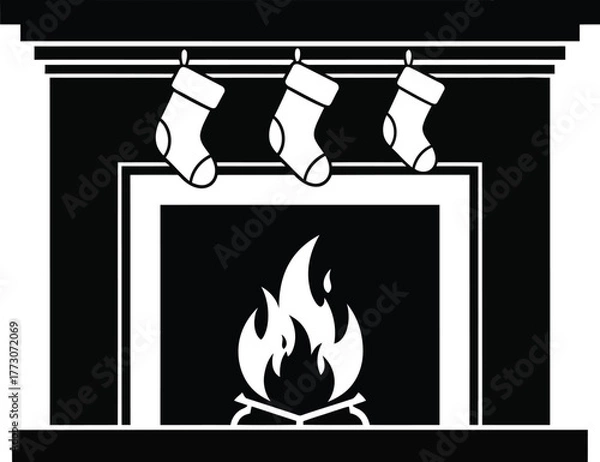 Fototapeta Fireplace with stockings, creating a cozy and warm christmas atmosphere for holiday decorations and festive designs