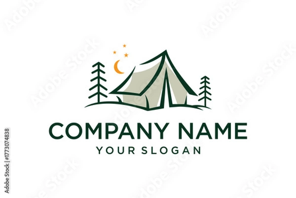 Obraz Minimalist Camping Tent and Pine Trees Logo Design with Moon and Stars for Outdoor Adventure Company