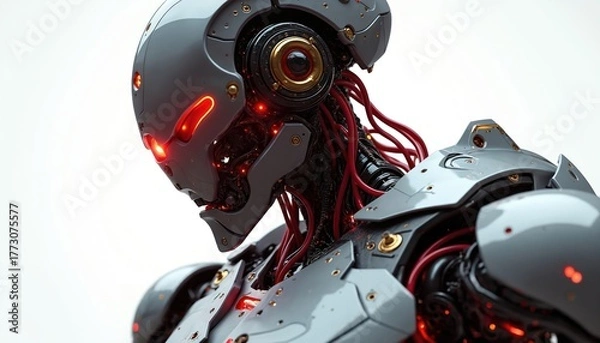 Fototapeta Detailed futuristic robot head shows intricate mech design, glowing red eyes. Advanced android machine presents complex tech, AI. Cybernetic form implies future engineering, automation, modern