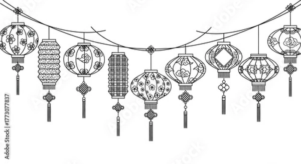 Obraz A string of decorative Asian lanterns with intricate patterns hangs against a white background.