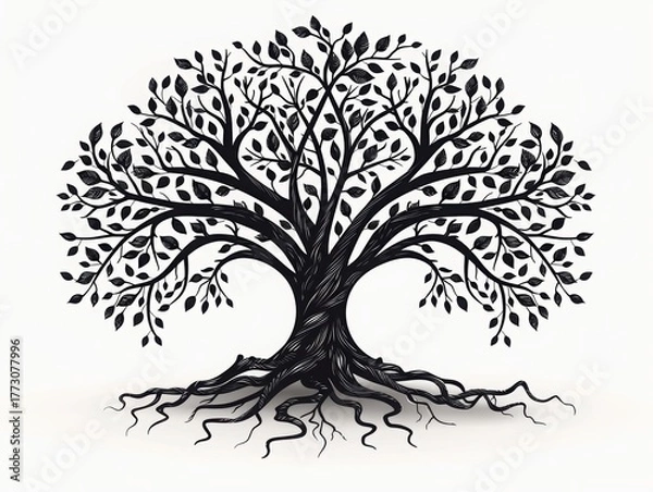 Obraz Black and white artistic illustration of a tree with intricate branches and roots.